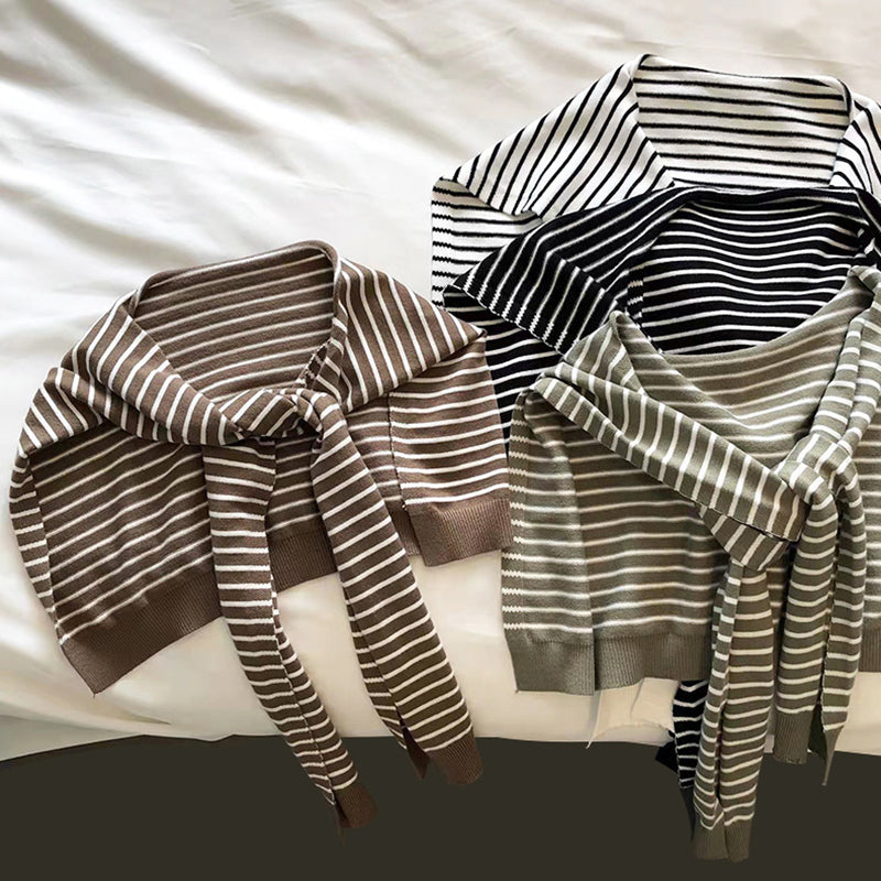 White Chic Striped Knit Tie-Front Shawl - Lightweight Versatile Layering Capelet for Women V888-ELOSUNG27480