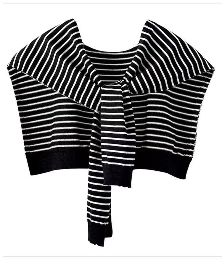 Black Chic Striped Knit Tie-Front Shawl - Lightweight Versatile Layering Capelet for Women V888-ELOSUNG27481