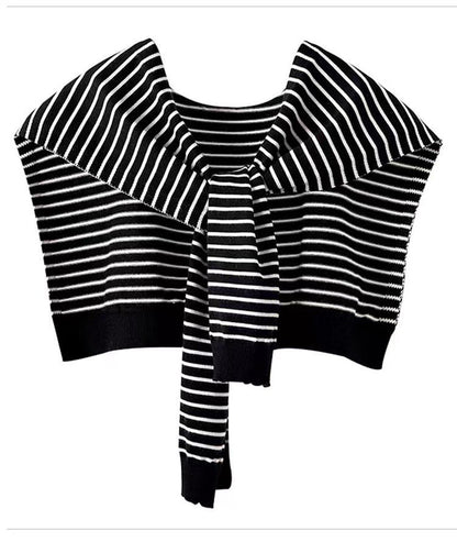 Black Chic Striped Knit Tie-Front Shawl - Lightweight Versatile Layering Capelet for Women V888-ELOSUNG27481