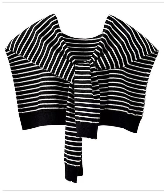 Black Chic Striped Knit Tie-Front Shawl - Lightweight Versatile Layering Capelet for Women V888-ELOSUNG27481