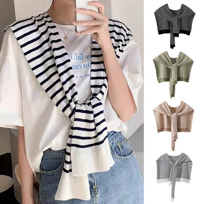 Black Chic Striped Knit Tie-Front Shawl - Lightweight Versatile Layering Capelet for Women V888-ELOSUNG27481