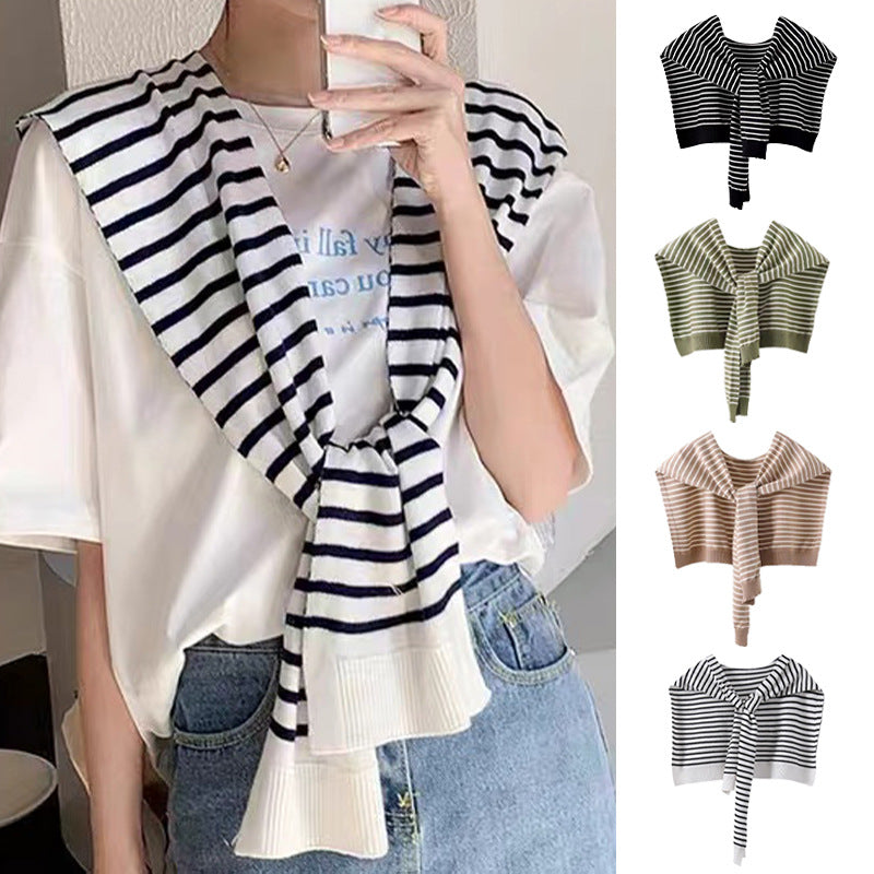 Green Chic Striped Knit Tie-Front Shawl - Lightweight Versatile Layering Capelet for Women V888-ELOSUNG27482