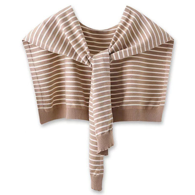Khaki Chic Striped Knit Tie-Front Shawl - Lightweight Versatile Layering Capelet for Women V888-ELOSUNG27483
