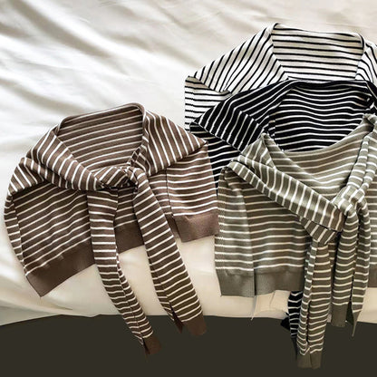 Khaki Chic Striped Knit Tie-Front Shawl - Lightweight Versatile Layering Capelet for Women V888-ELOSUNG27483