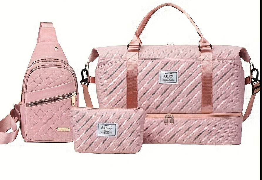 Pink Chic 3-Piece Quilted Travel Bag Set - Duffel, Crossbody Sling & Toiletry Pouch - Large Capacity & V888-ELOSUNG27486