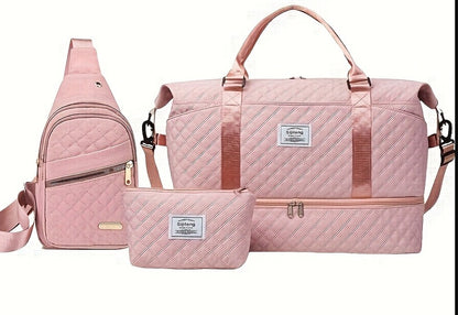Pink Chic 3-Piece Quilted Travel Bag Set - Duffel, Crossbody Sling & Toiletry Pouch - Large Capacity & V888-ELOSUNG27486