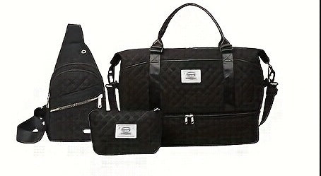 Black Chic 3-Piece Quilted Travel Bag Set - Duffel, Crossbody Sling & Toiletry Pouch - Large Capacity & V888-ELOSUNG27487