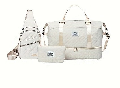 White Chic 3-Piece Quilted Travel Bag Set - Duffel, Crossbody Sling & Toiletry Pouch - Large Capacity & V888-ELOSUNG27488