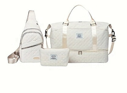 White Chic 3-Piece Quilted Travel Bag Set - Duffel, Crossbody Sling & Toiletry Pouch - Large Capacity & V888-ELOSUNG27488