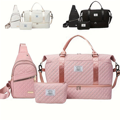 White Chic 3-Piece Quilted Travel Bag Set - Duffel, Crossbody Sling & Toiletry Pouch - Large Capacity & V888-ELOSUNG27488