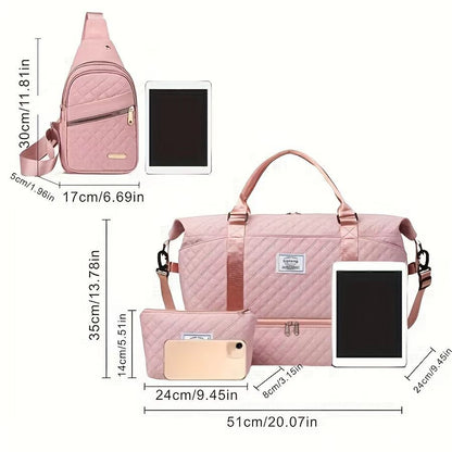 White Chic 3-Piece Quilted Travel Bag Set - Duffel, Crossbody Sling & Toiletry Pouch - Large Capacity & V888-ELOSUNG27488