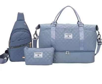 Blue Chic 3-Piece Quilted Travel Bag Set - Duffel, Crossbody Sling & Toiletry Pouch - Large Capacity & V888-ELOSUNG27489