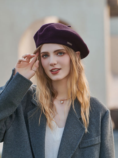 Dark Purple Elegant Wool Beret - Classic Warm Thick British Style Hat for Autumn & Winter V888-ELOSUNG27492