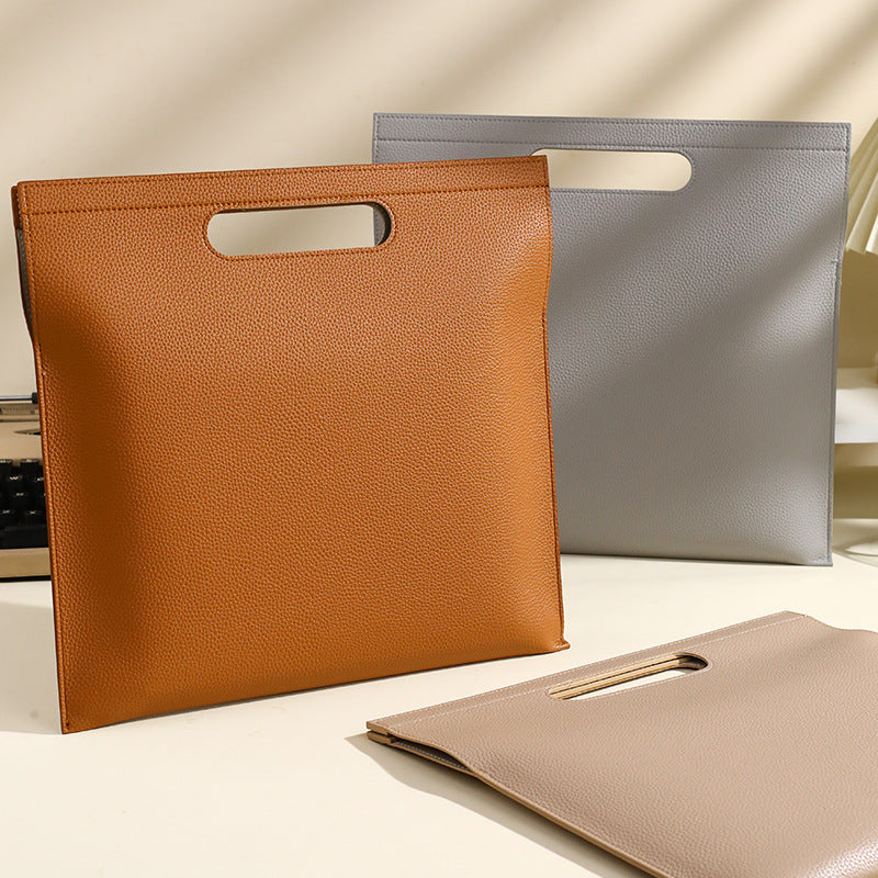Khaki Professional A4 PU Leather Document Bag - Waterproof Handheld File Folder Portfolio for Business & V888-ELOSUNG27498