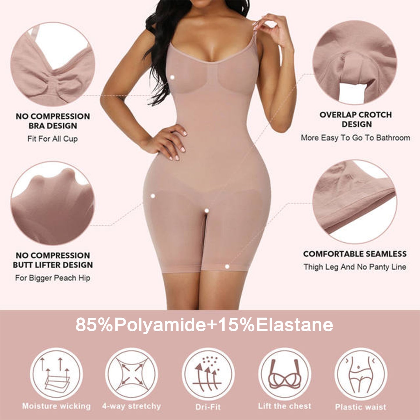 Size M Black Seamless Full Body Shaper for Women - Tummy Control, Butt Lifter & Thigh Slimmer Bodysuit V888-ELOSUNG27513
