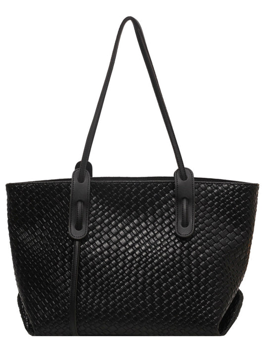 Black Chic Woven PU Leather Tote Bag - Large Capacity Casual Shoulder & Handbag for Women V888-ELOSUNG27547