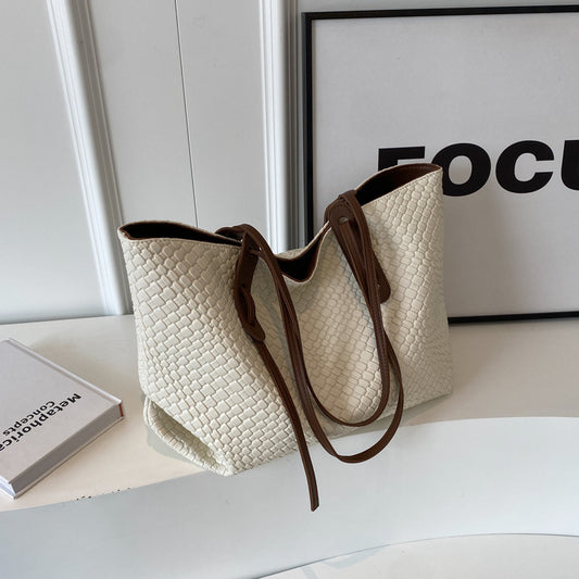 Beige and Brown Chic Woven PU Leather Tote Bag - Large Capacity Casual Shoulder & Handbag for Women V888-ELOSUNG27548