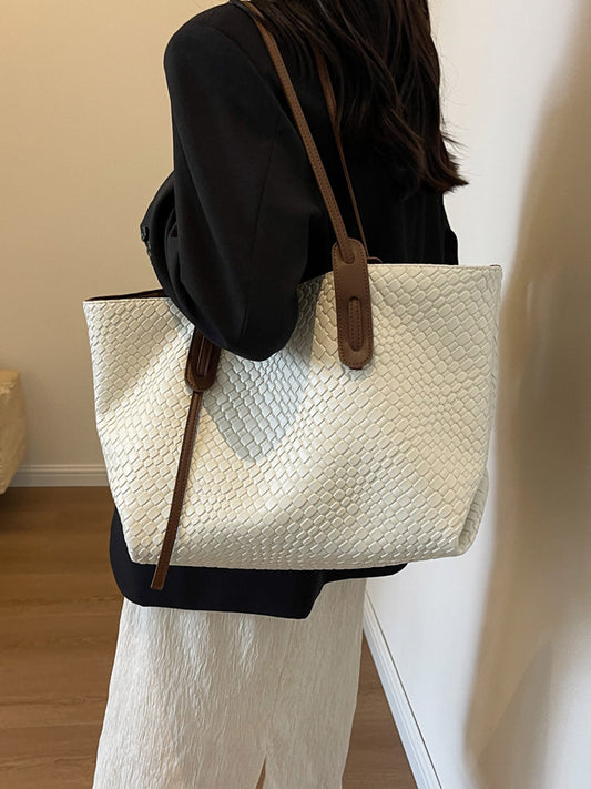 Beige and Brown Chic Woven PU Leather Tote Bag - Large Capacity Casual Shoulder & Handbag for Women V888-ELOSUNG27548