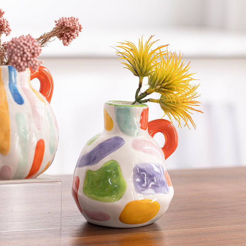 Colorful Charming Hand-Painted Ceramic Vase - Colourful Striped Jug Style Decorative Accent V888-ELOSUNG27551