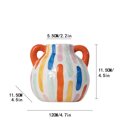 Colorful Artistic Hand-Painted Ceramic Vase - Dual Handle Pot Style - Colourful Striped Home Decor Accent V888-ELOSUNG27552