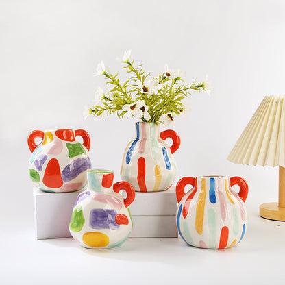 Colorful Artistic Hand-Painted Ceramic Vase - Dual Handle Pot Style - Colourful Striped Home Decor Accent V888-ELOSUNG27552
