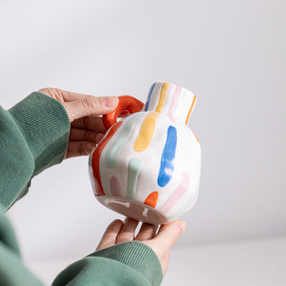 Colorful Artistic Hand-Painted Ceramic Vase - Dual Handle Pot Style - Colourful Striped Home Decor Accent V888-ELOSUNG27552