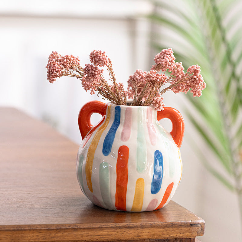 Colorful Artistic Hand-Painted Ceramic Vase - Dual Handle Pot Style - Colourful Striped Home Decor Accent V888-ELOSUNG27552