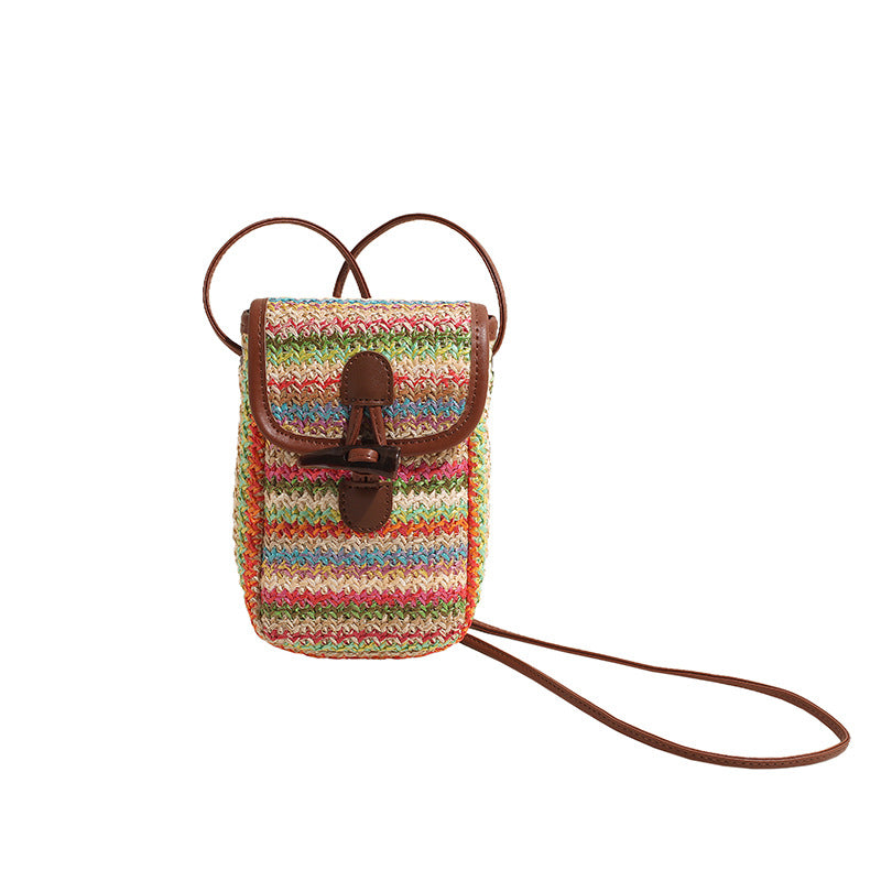 Colorful Boho Chic Woven Straw Crossbody Bag - Colourful Striped Mini Phone Pouch with Toggle Closure V888-ELOSUNG27557