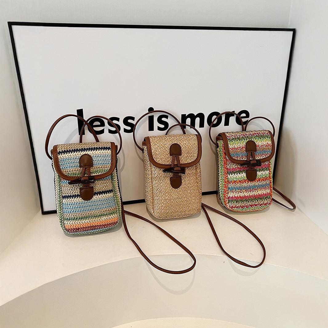 Colorful Boho Chic Woven Straw Crossbody Bag - Colourful Striped Mini Phone Pouch with Toggle Closure V888-ELOSUNG27557