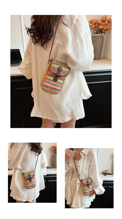 Colorful Boho Chic Woven Straw Crossbody Bag - Colourful Striped Mini Phone Pouch with Toggle Closure V888-ELOSUNG27557