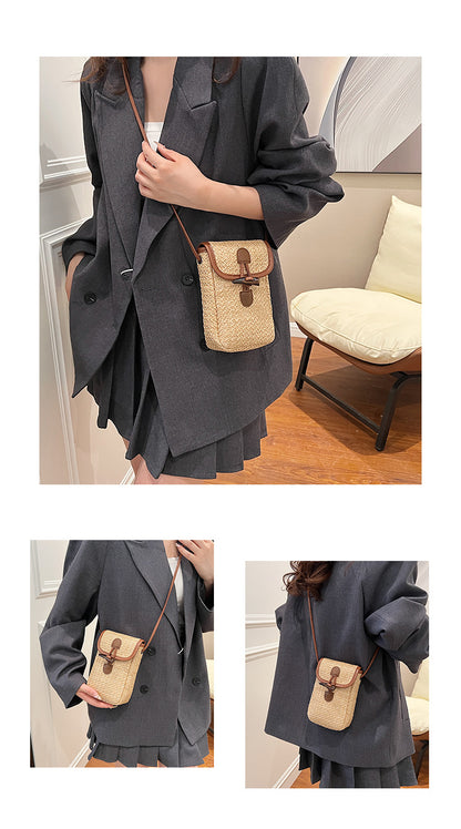 Colorful Boho Chic Woven Straw Crossbody Bag - Colourful Striped Mini Phone Pouch with Toggle Closure V888-ELOSUNG27557