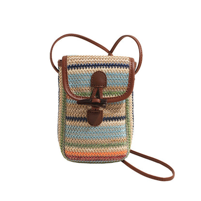 Blue And Khaki Boho Chic Woven Straw Crossbody Bag - Colourful Striped Mini Phone Pouch with Toggle Closure V888-ELOSUNG27558