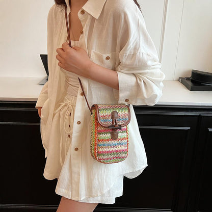 Blue And Khaki Boho Chic Woven Straw Crossbody Bag - Colourful Striped Mini Phone Pouch with Toggle Closure V888-ELOSUNG27558