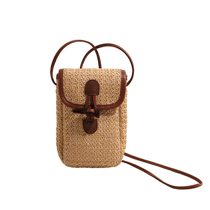 Khaki Boho Chic Woven Straw Crossbody Bag - Colourful Striped Mini Phone Pouch with Toggle Closure V888-ELOSUNG27559