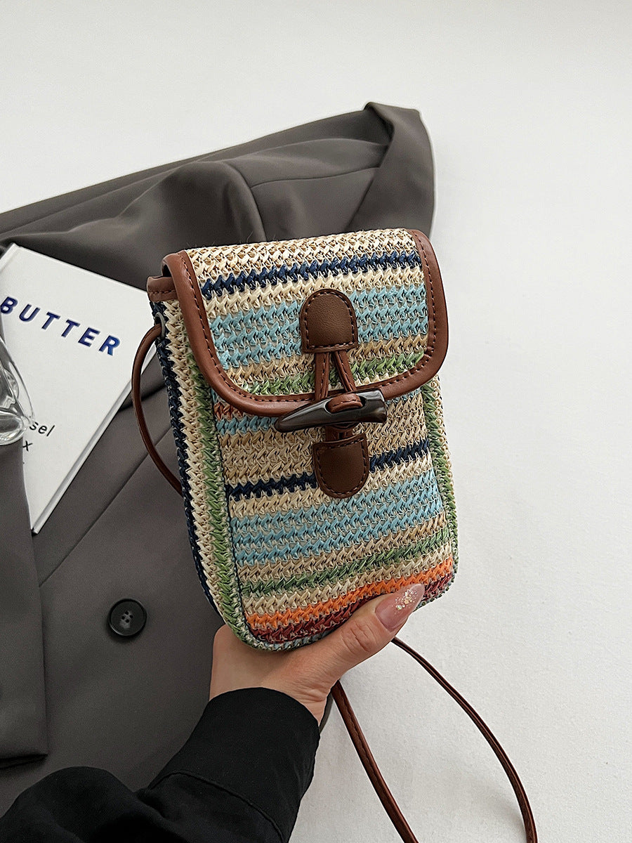 Khaki Boho Chic Woven Straw Crossbody Bag - Colourful Striped Mini Phone Pouch with Toggle Closure V888-ELOSUNG27559