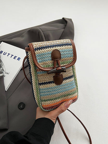 Khaki Boho Chic Woven Straw Crossbody Bag - Colourful Striped Mini Phone Pouch with Toggle Closure V888-ELOSUNG27559