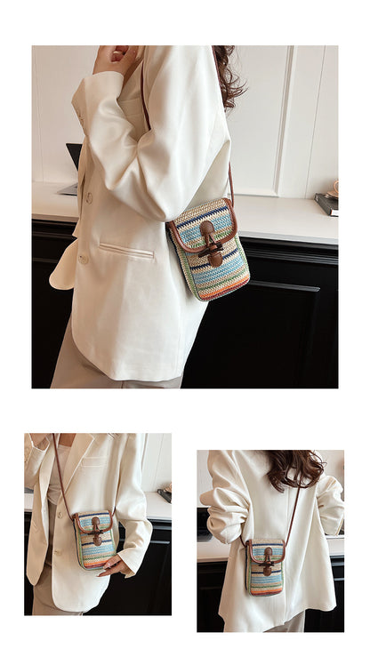 Khaki Boho Chic Woven Straw Crossbody Bag - Colourful Striped Mini Phone Pouch with Toggle Closure V888-ELOSUNG27559
