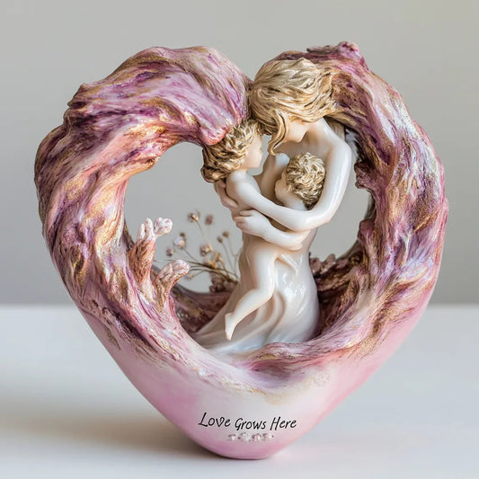 Pink Heartfelt Mother & Two Children Resin Figurine - "Love Grows Here" Decorative Home Accent Sculpture V888-ELOSUNG27571