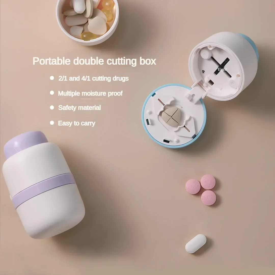White And Blue 3-in-1 Pill Cutter Crusher & Storage Box - Portable Tablet Splitter Grinder for Precise Dosing V888-ELOSUNG27572