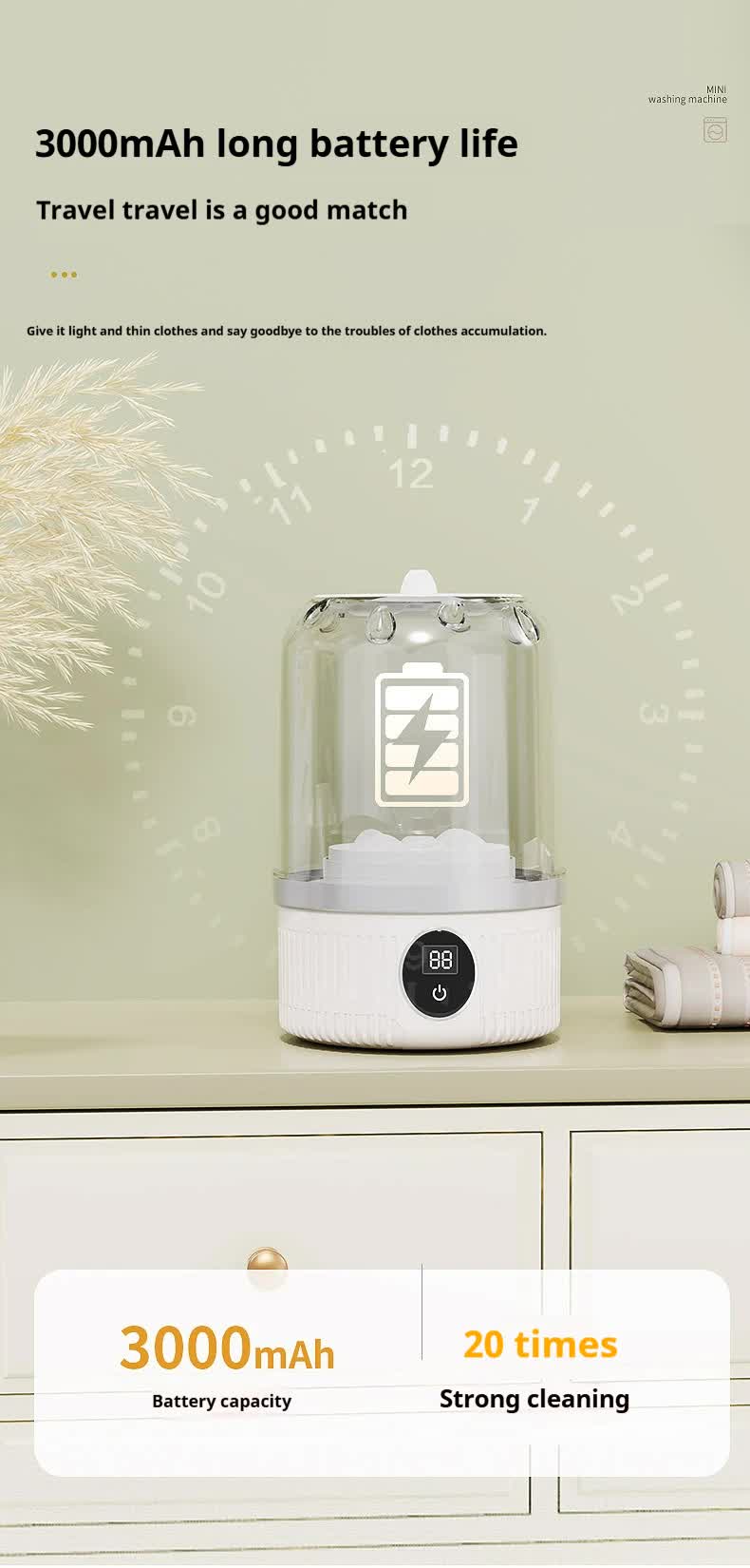 White Portable Mini Washing Machine - Rechargeable USB-C Electric Washer for Travel, Delicates & Socks V888-ELOSUNG27600
