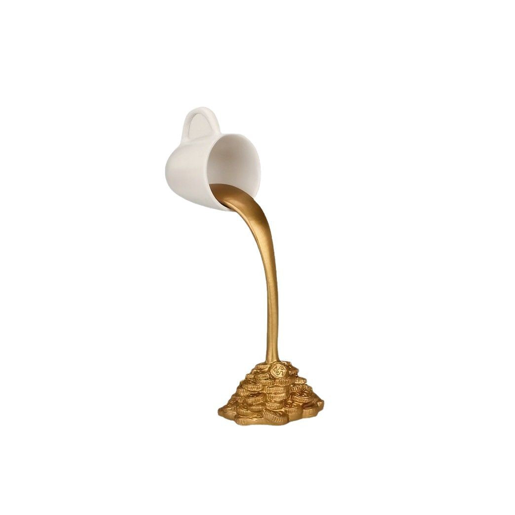 2 Pcs White Cup With Golden "Spill" And Base Magic Pouring Coffee Cup Sculpture - Unique Resin Tabletop Art V888-ELOSUNG27611