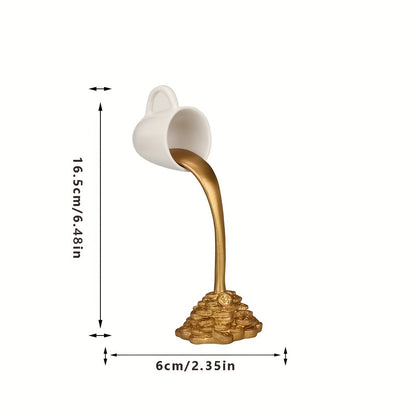 2 Pcs White Cup With Golden "Spill" And Base Magic Pouring Coffee Cup Sculpture - Unique Resin Tabletop Art V888-ELOSUNG27611