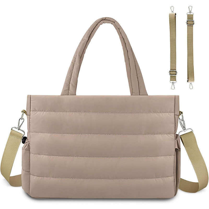 Khaki Stylish Quilted Nylon Tote Bag - Large Capacity Diaper Nappy Bag for Travel & Stroller with Adjustable V888-ELOSUNG27619