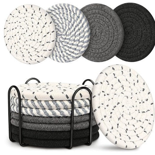 Beige and Black Absorbent Woven Cotton Coasters - Set of 8 with Metal Holder - Heat Resistant Drink Mats for V888-ELOSUNG27626