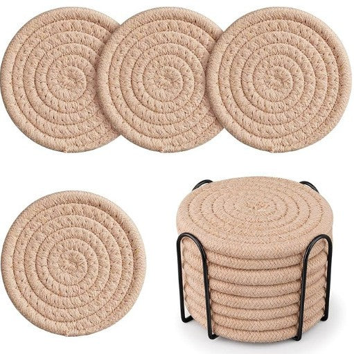 Beige Absorbent Woven Cotton Coasters - Set of 8 with Metal Holder - Heat Resistant Drink Mats for Table V888-ELOSUNG27631