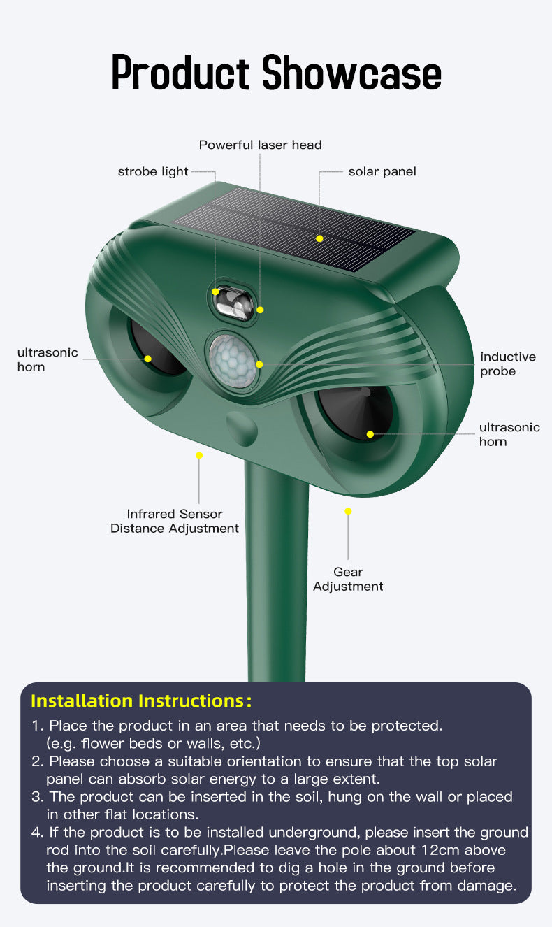 Black Advanced Solar Powered Ultrasonic Animal Repeller - Outdoor Pest Deterrent with Motion Sensor, Strobe V888-ELOSUNG27649