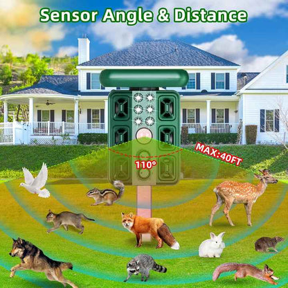 Green Solar Powered Ultrasonic Animal Repeller - Multi-Frequency Pest Deterrent with Motion Sensor, LED V888-ELOSUNG27650