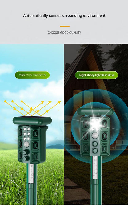Green Solar Powered Ultrasonic Animal Repeller - Multi-Frequency Pest Deterrent with Motion Sensor, LED V888-ELOSUNG27650