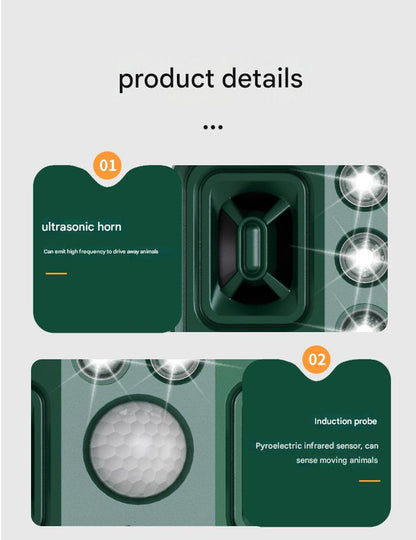 Green Solar Powered Ultrasonic Animal Repeller - Multi-Frequency Pest Deterrent with Motion Sensor, LED V888-ELOSUNG27650