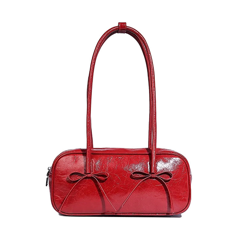 Red Chic PU Leather Baguette Shoulder Bag - Elegant Bow Accent Underarm Handbag for Women V888-ELOSUNG27653